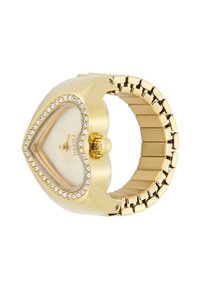 Montre en forme de cœur en or avec un cadran en cristal, un bracelet métallique et un cadran neutre. Elle possède une couronne sur le côté pour le réglage de l'heure.