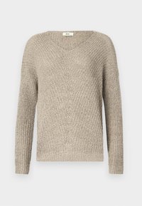 Pull beige en maille à col en V avec manches longues et motif texturé, affiché sur un fond clair uni.