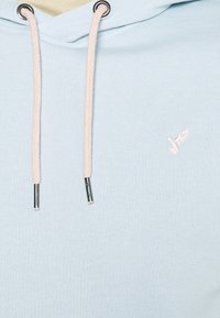 Felpa azzurra con una texture tessuta. Presenta lacci rosa con punte argentate e un piccolo logo di un uccellino bianco sul petto.