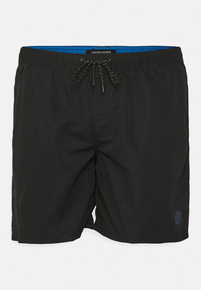 Shorts de bain noirs avec taille à cordon de serrage, texture noire et argent. Doublure bleue et logo stylisé sur le côté inférieur.