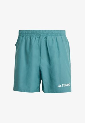 Tyrkysové šortky vyrobené z lehké tkaniny s elastickým pasem, obsahující boční kapsy a bílé logo "TERREX" na levé nohavici.