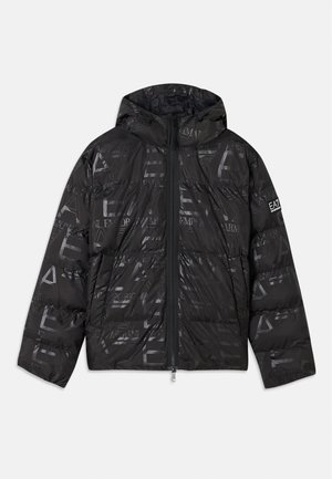 Black puffer jacket with a glossy, patterned finish. Features a front zipper, drawstring hood, and logo accents on the sleeve.