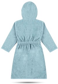 Kapuzenschnit in hellblauem Frottee, mit langen Ärmeln, Kordelzug in der Taille und einer glatten Textur.