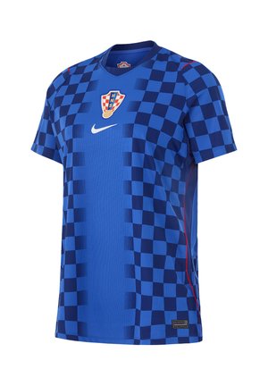 Blå og mørkeblå ternet fodboldtrøje med Kroatiens herrelandsholdemblem og hvid Nike-logo på brystet.