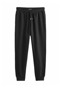 Sorte sweatpants lavet af blødt stof, med en elastisk talje med snøre, tætsiddende ben og ribbede manchetter ved anklerne.