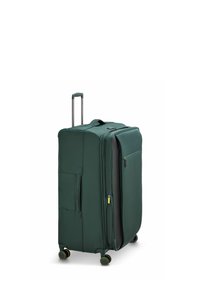 Valigia rigida verde in tessuto con manico telescopico, chiusura con zip, tasca laterale e quattro ruote girevoli. Superficie dettagliata texture presente.