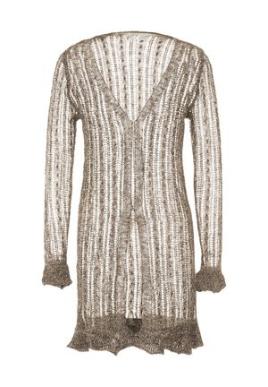 Cardigan tricotat de culoare maro deschis, cu un model texturat de dungi verticale, decolteu în V și mansete și tiv ribbelate. Design cu deschidere frontală.
