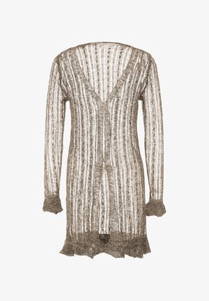 Strickjacke in Hellbraun mit einem strukturierten, vertikalen Streifenmuster, V-Ausschnitt sowie gerippten Bündchen und Saum. Offenes Design vorne.