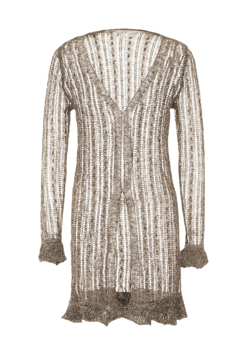 Cardigan tricotat de culoare maro deschis, cu un model texturat de dungi verticale, decolteu în V și mansete și tiv ribbelate. Design cu deschidere frontală.