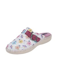 Zapatilla tipo slipper con suave tejido floral, correa ajustable de hebilla burdeos, suela acolchada y forro interior de felpa rosa.