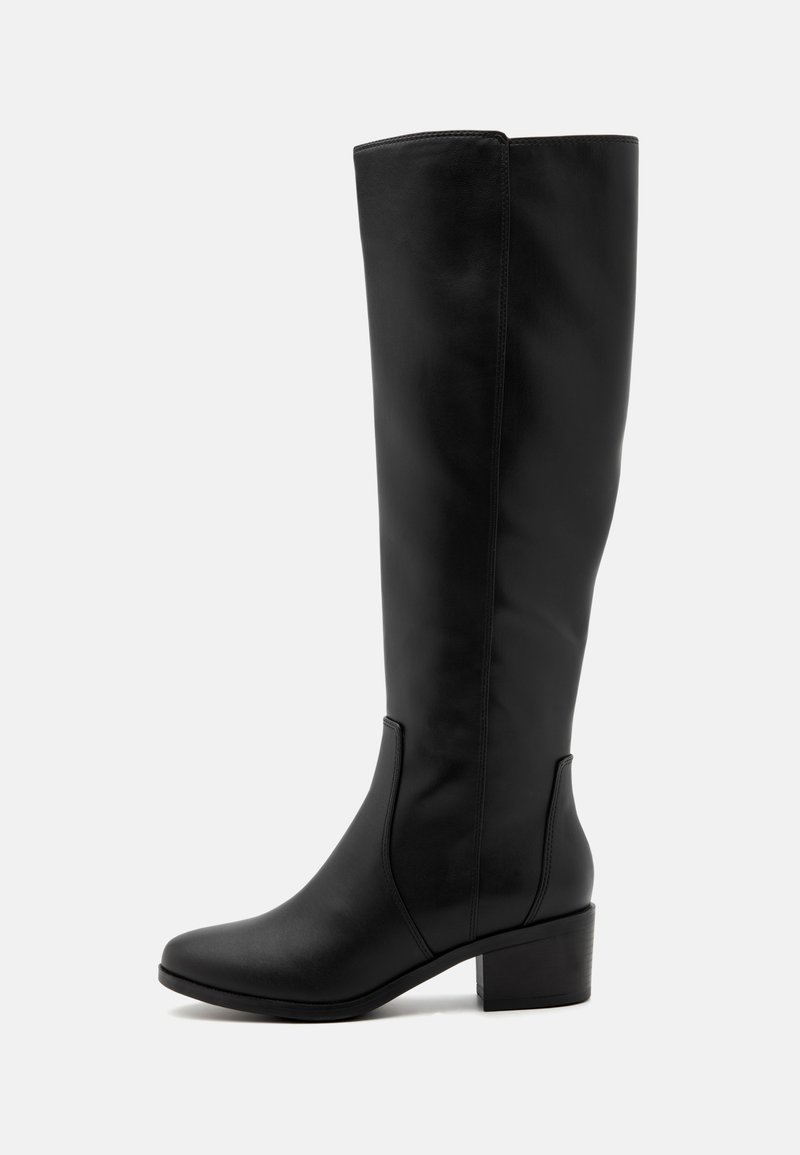 Knee-high black leather boots with a square toe, block heel, and smooth texture; features visible stitching on the shaft.