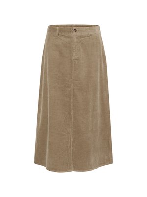 Brown corduroy midi skirt with a smooth texture, front button closure, and a flared design. Vertical ribbed pattern throughout.