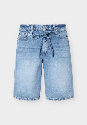 Μεσαίου μπλε τζιν σορτς με ψηλή μέση, κουμπί μπροστά, πέντε τσέπες και δεμένη υφασμάτινη ζώνη στη μέση.