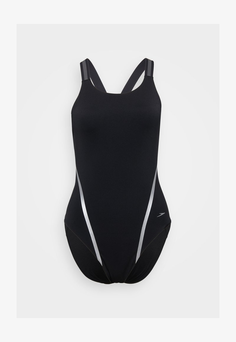 Costume da bagno nero con strisce argentate, caratterizzato da un design elegante, spalline larghe e una texture della stoffa liscia.