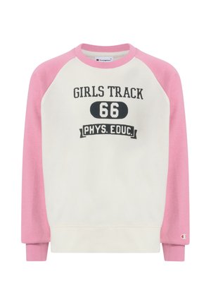 Biała bluza z różowymi rękawami, z napisem "GIRLS TRACK 66 PHYS. EDUC." na klatce piersiowej oraz małym logo Champion na mankiecie lewego rękawa.
