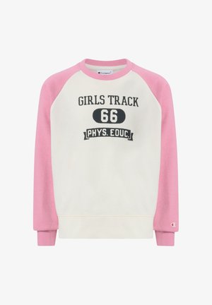 Sweat-shirt blanc avec des manches roses, texte "GIRLS TRACK 66 PHYS. EDUC." sur la poitrine, et petit logo Champion sur le poignet de la manche gauche.