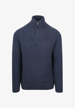 Marineblauwe gebreide trui met geribbelde halve ritssluiting, lange mouwen en geribbelde zoom en manchetten.