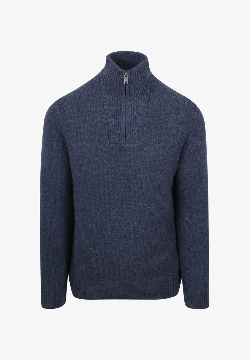 Marineblauer Strickpullover mit geripptem Halb-zip-Kragen, langen Ärmeln sowie geripptem Saum und Bündchen.