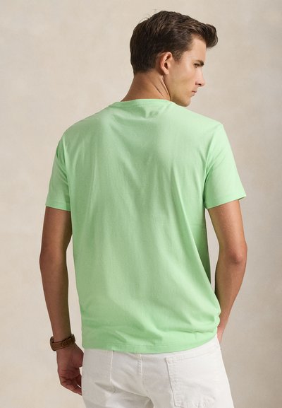 Ανοιχτό πράσινο βαμβακερό μπλουζάκι με στρογγυλή λαιμόκοψη και κοντά μανίκια, εμφανιζόμενο από πίσω, με λεία υφή και χαλαρή εφαρμογή.