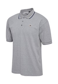 Polo gris en coton, avec un col classique, une patte de boutonnage et des accents rayés marine sur le col et les manches.