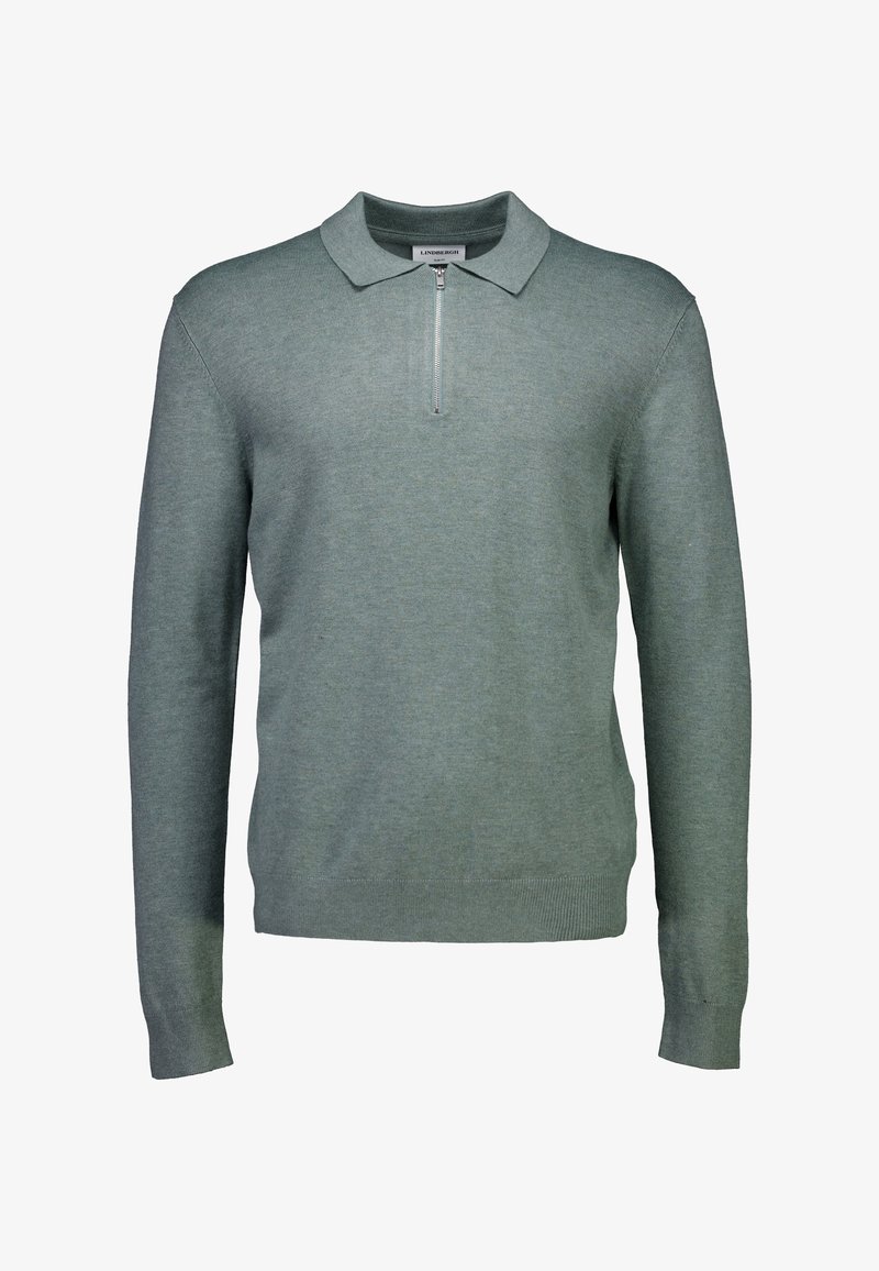 Πλεκτό πουλόβερ μακριά μανίκια σε ανοιχτό πράσινο χρώμα με γιακά και κοντό φερμουάρ μπροστά, στενή γραμμή, από τη μάρκα Lindbergh.