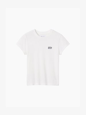 White short-sleeve crew neck T-shirt with small black "GAP" logo on the left chest.