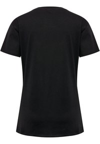 Tricou scurt negru din bumbac moale, cu decolteu clasic rotund și o suprafață netedă, neîmpodobită.