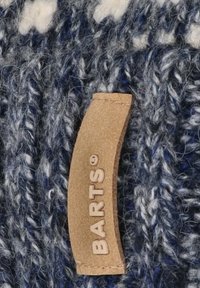 Knitted wool fabric in dark blue with light blue and white accents. Features a brown leather label with "BARTS" embossed.