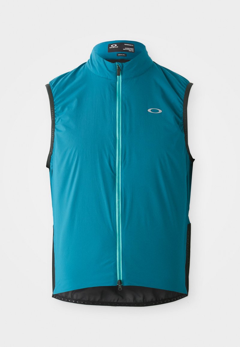 Türaqua farbige ärmellose Jacke mit hohem Kragen, Frontreißverschluss und schwarzen Seitenpaneelen. Verfügt über ein Logo auf der Brust und eine glatte Textur.