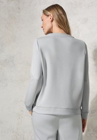 Lichtgrijze sweatshirt met ronde hals en lange mouwen, voorzien van gladde stof en een ontspannen pasvorm. Model weergegeven vanuit de achterkant.