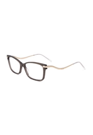 Occhiali rettangolari con montatura frontale scura e scintillante e sottili stanghette metalliche beige su sfondo bianco.