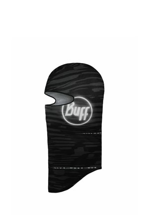 Black balaclava with a textured pattern, featuring a cut-out for the face and a prominent white "Buff" logo. Text reads "LIVE MORE NOW."
