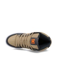 High-top sneakers in tan and black, featuring perforated detailing on the toe box, prominent laces, and an orange logo accent.