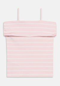 Różowa bluzka typu off-the-shoulder w paski z cienkimi ramiączkami spaghetti. Wykonana z miękkiego, lekkiego materiału. Posiada poziome białe paski.