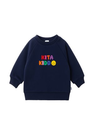 Navy blue children's sweatshirt with colorful "KITA KIDDO" text and yellow smiley face on the front, ribbed cuffs and hem.