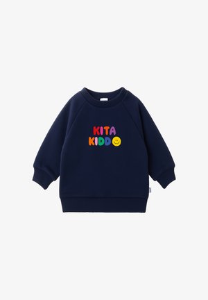 Navy blue children's sweatshirt with colorful "KITA KIDDO" text and yellow smiley face on the front, ribbed cuffs and hem.
