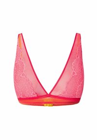 Roze bralette met doorzichtige meshpanelen en bloemenkantdetails. V-vormige halslijn met een contrasterende band en gouden sluiting aan de achterkant.