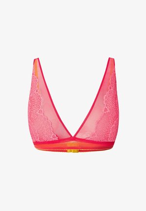 Rosa Bralette mit durchsichtigen Mesh-Einsätzen und Blumen-Spitzendetails. V-förmiger Ausschnitt mit einem kontrastierenden Band und einem goldenen Verschluss auf der Rückseite.