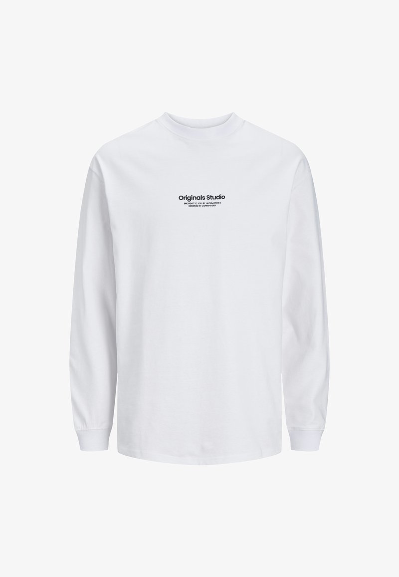 White long-sleeve t-shirt made of cotton. Features a black printed logo "Originals Studio" on the chest. Simple, relaxed fit design.