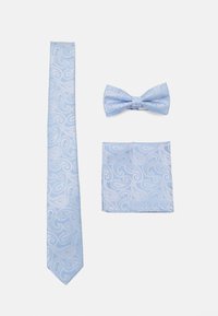 Light blue necktie, bow tie, and pocket square set with a paisley pattern, made of smooth fabric, featuring intricate designs and textures.