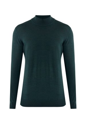 Maglione a collo alto verde scuro, con maniche lunghe, realizzato in un morbido tessuto testurizzato. Ha un design aderente e polsini e orlo a costine.