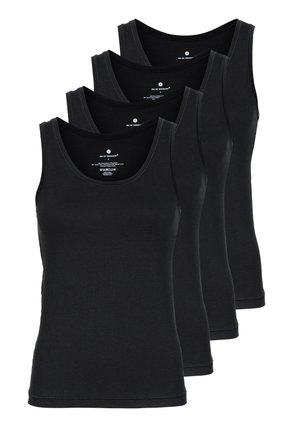 Fire sorte bomulds tanktops med rund halsudskæring og uden ærmer, der har en glat tekstur og en tætsiddende pasform.
