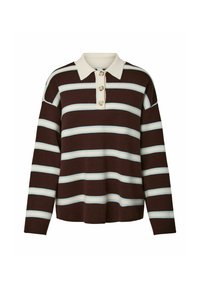 Brązowo-kremowy sweter w paski z kołnierzykiem i trzema guzikami z przodu. Wykonany z miękkiego materiału, posiada szerokie rękawy i luźny krój.