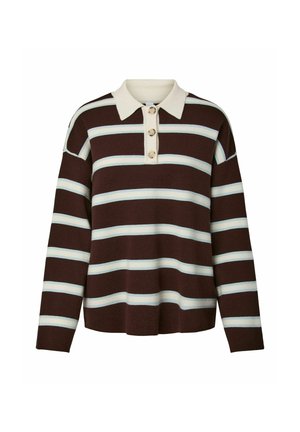 Pullover a righe marroni e crema con scollo a collo e patta con tre bottoni. Realizzato in tessuto morbido, con maniche larghe e vestibilità comoda.