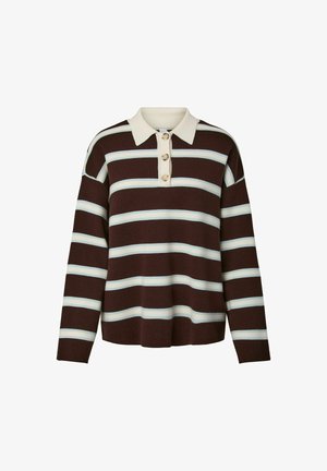 Pull-over rayé marron et crème avec un col à revers et une patte de boutonnage à trois boutons. Confectionné en tissu doux, il présente des manches larges et une coupe décontractée.