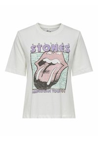 Hvid bomulds t-shirt med et retro Rolling Stones grafik. Korte ærmer, rund hals, med lyserødt og sort tunge-logo og tour tekst.