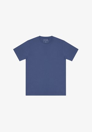 Granatowa bawełniana koszulka z okrągłym dekoltem, krótkimi rękawami i luźnym krojem. Gładka tekstura bez widocznych wzorów lub zdobień.