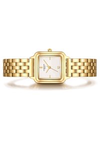 Kuldse tooniga kvartsi käekell ruudukujulise näo, valge liidi, kuldsete tunni markerite ja lingi käevõruga disainiga. Tekstuuriga rihm poleeritud viimistlusega.