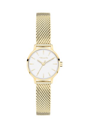 Goldene Armbanduhr mit weißem Zifferblatt, goldenen Stundenmarkierungen, schlanken goldenen Zeigern und einem geflochtenen Metallarmband.