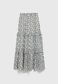 Weißer, gestufter Rock mit navyfarbenem Blättermuster, elastischem Bund und fransigem Saum. Leichtes Gewebe mit fließendem Design.